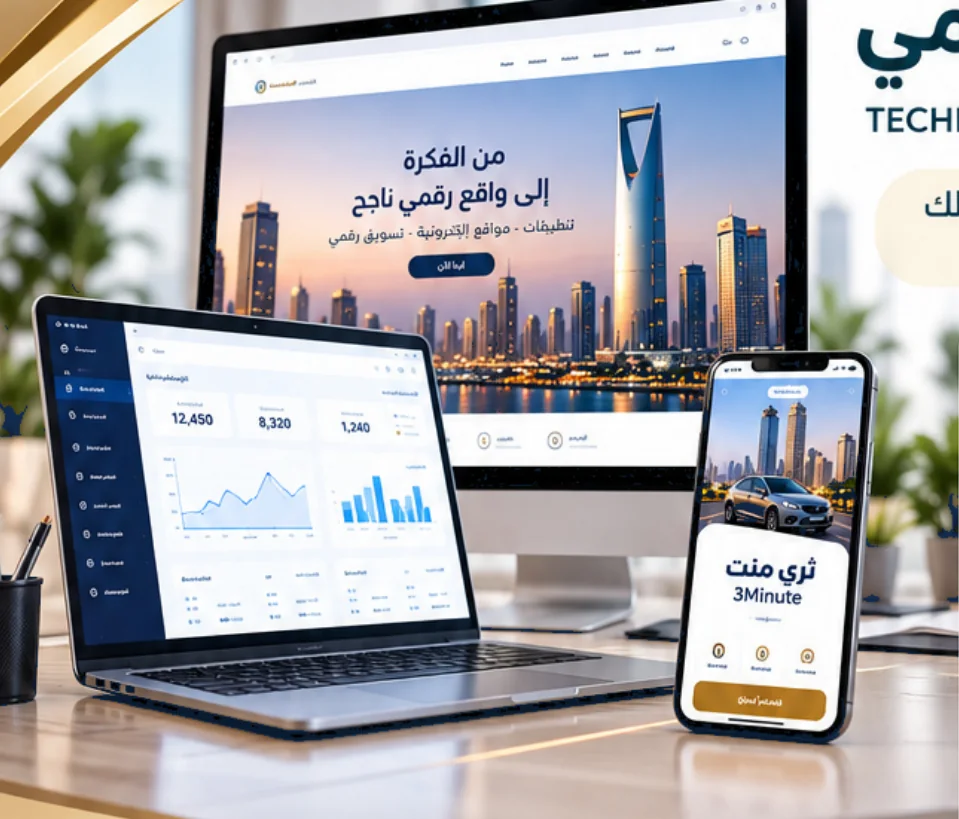 واجهات موقع ولوحة تحكم وتطبيق ثري منت على شاشة وحاسوب وهاتف