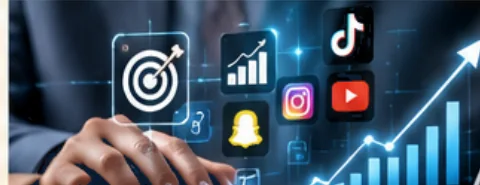 شاشة تفاعلية بأيقونات التسويق الرقمي