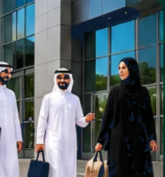 موظفون أمام مبنى مكتبي